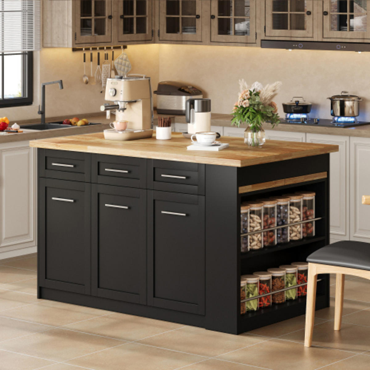KÜCHENINSEL Schwarz-Natur aus MDF mit integriertem ausziehbarem Esstisch 150 × 90 × 90 cm - Schwarz, Holzwerkstoff (150/90/90cm) - Luhomfu