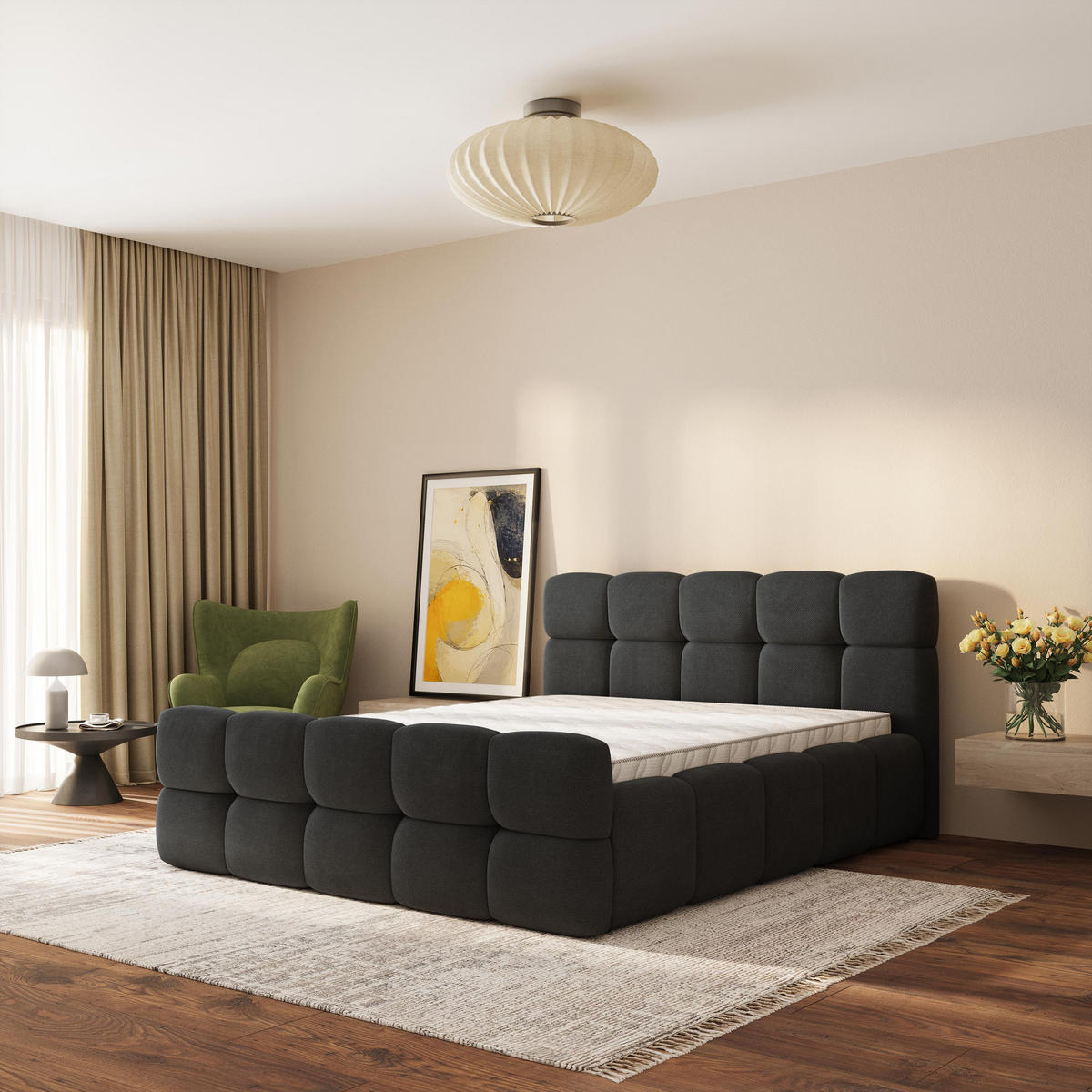 ČALOUNĚNÁ POSTEL ELIZJA 140x200 cm, s úložným prostorem, Černá - SORO 100 - černá, dřevo/textil (140/200cm) - MASSENO