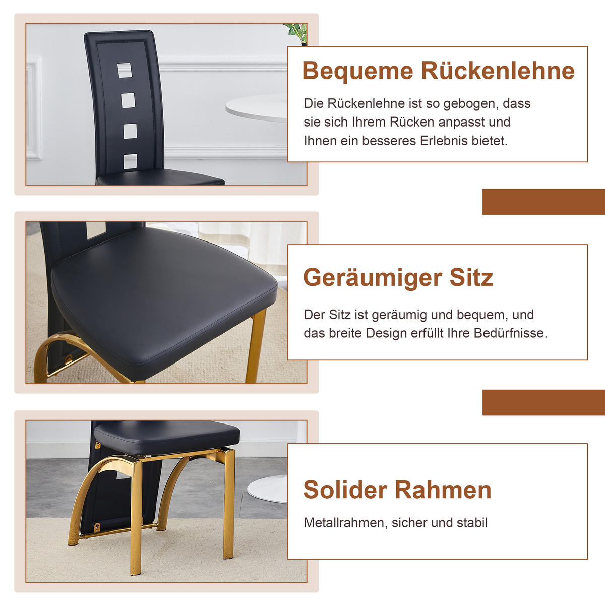 ESSGRUPPE DE-39452 5-teilig, Glastisch und 4 Stühlen mit Lochmuster Schwarz/Gold - Goldfarben/Schwarz, Metall (88/75/88cm) - ComfortXL