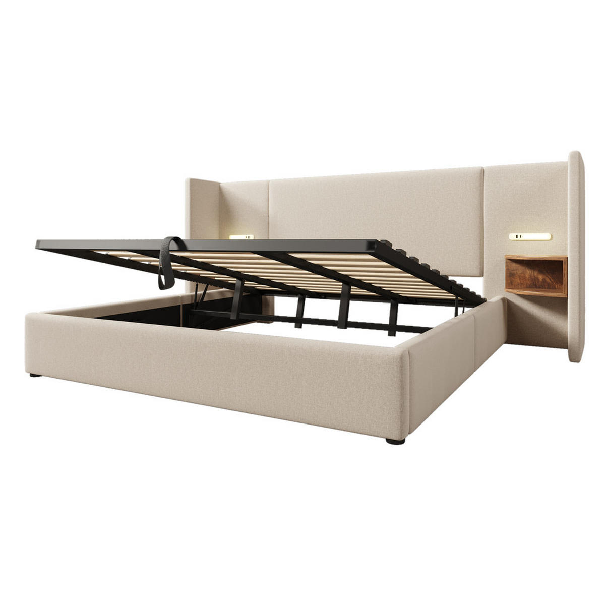 POLSTERBETT 180x200cm Doppelbett mit Nachttisch Leselampe & USB-C Beige - Beige, Holz (180/200cm) - FLIEKS