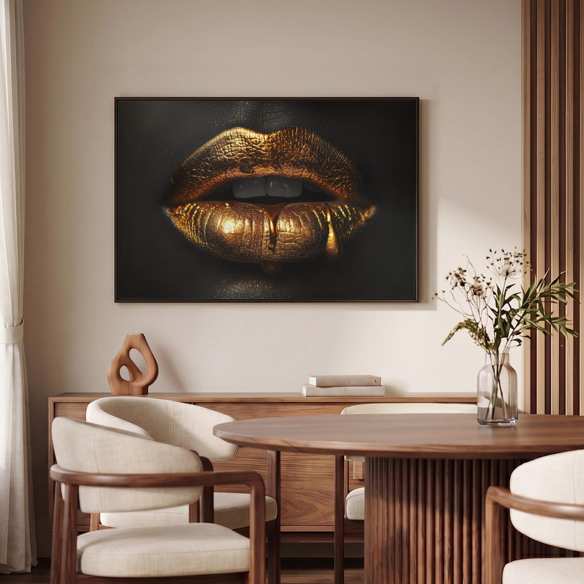 LEINWAND Bilder mit Rahmen - Frau - Porträt - Lippen - Gold - Schwarz - 90x60 - Schwarz, Textil (90/60cm) - MuchoWow