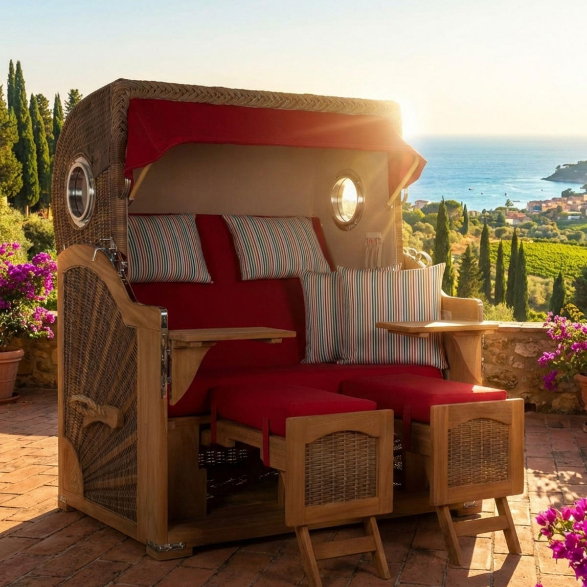 STRANDKORB XXL Düne Grande Teak Banana - Rot/Braun, Metall (142/170/95cm) - Mr. Deko