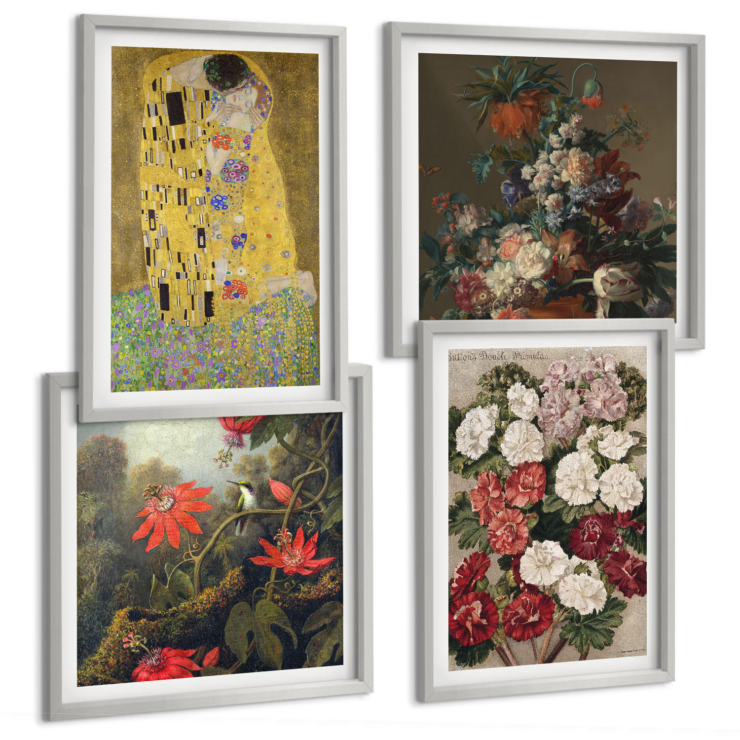 BILDER SET 4er Set - 50x50 cm & 40x60 cm Silberner Rahmen - Blumen des Baumes (Gemälde von Klimt) - Silberfarben, Kunststoff (50/50cm) - TULUP