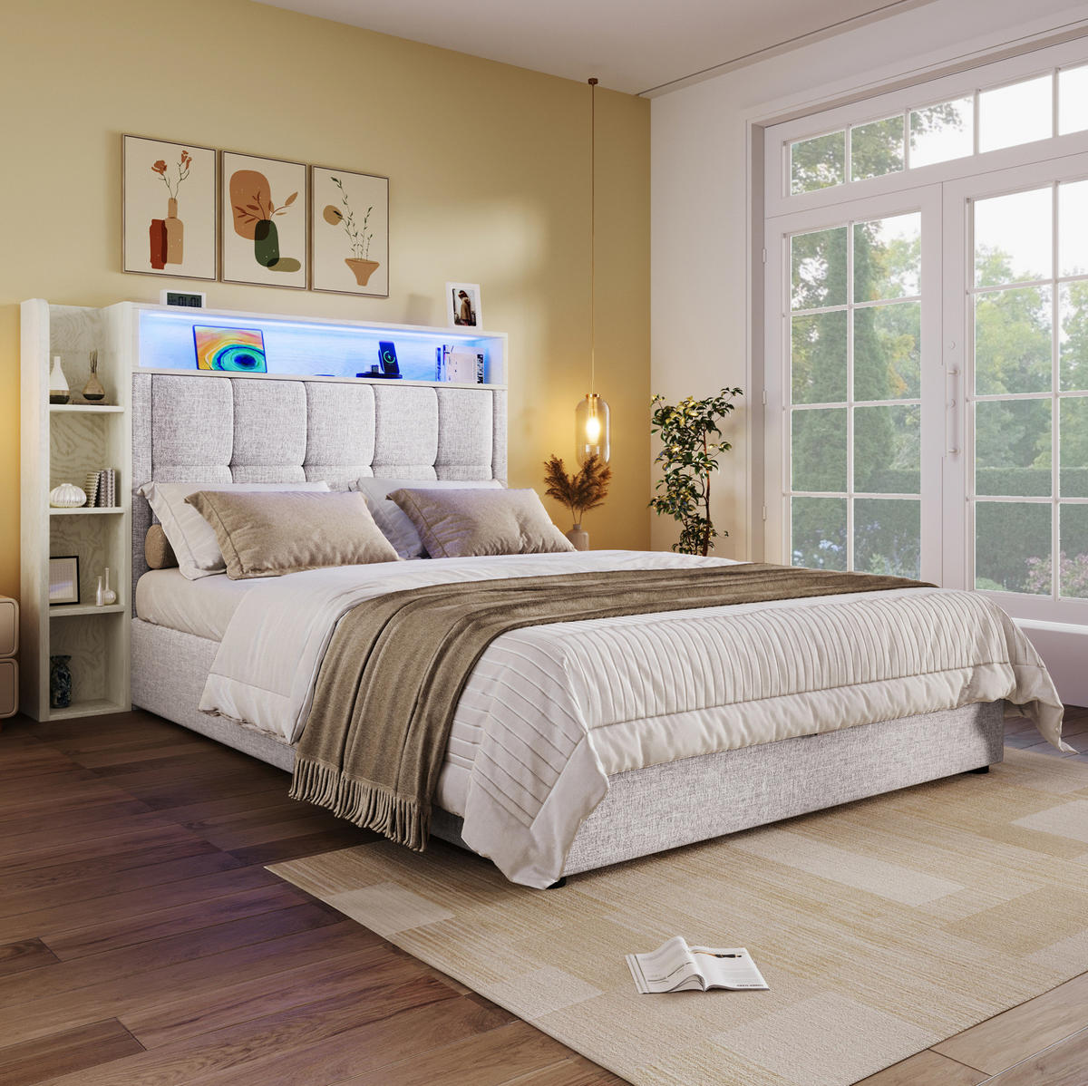 POLSTERBETT 90/200 cm Beige mit Stauraum, LED-Beleuchtung und USB- und Type-C-Anschlüssen - Beige, Textil (90/200cm) - Flora Grace