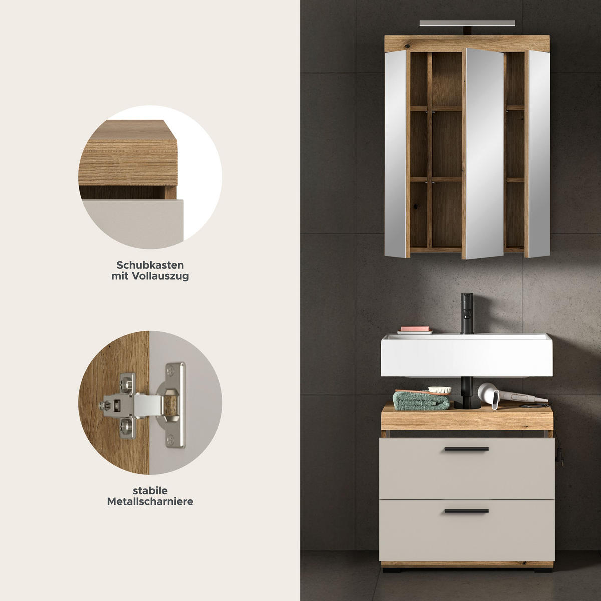 BAD-SET SCOUT 3-tlg. (B/H/T: ca. 60/191/34 cm) in Evoak Oak Nachbildung/- - Eiche Artisan, Holz (60/191/34cm)