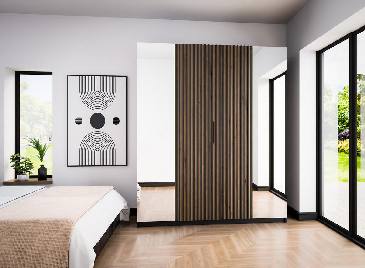 KLEIDERSCHRANK Nehir Korpus Schwarz, Front Eiche Evoke/Schwarz 200 cm - 4T Modern mit Spiegeln außen und Lamellentüren mittig - Eichefarben/Schwarz, Holzwerkstoff/Kunststoff (200/239/61.9cm) - AX Living