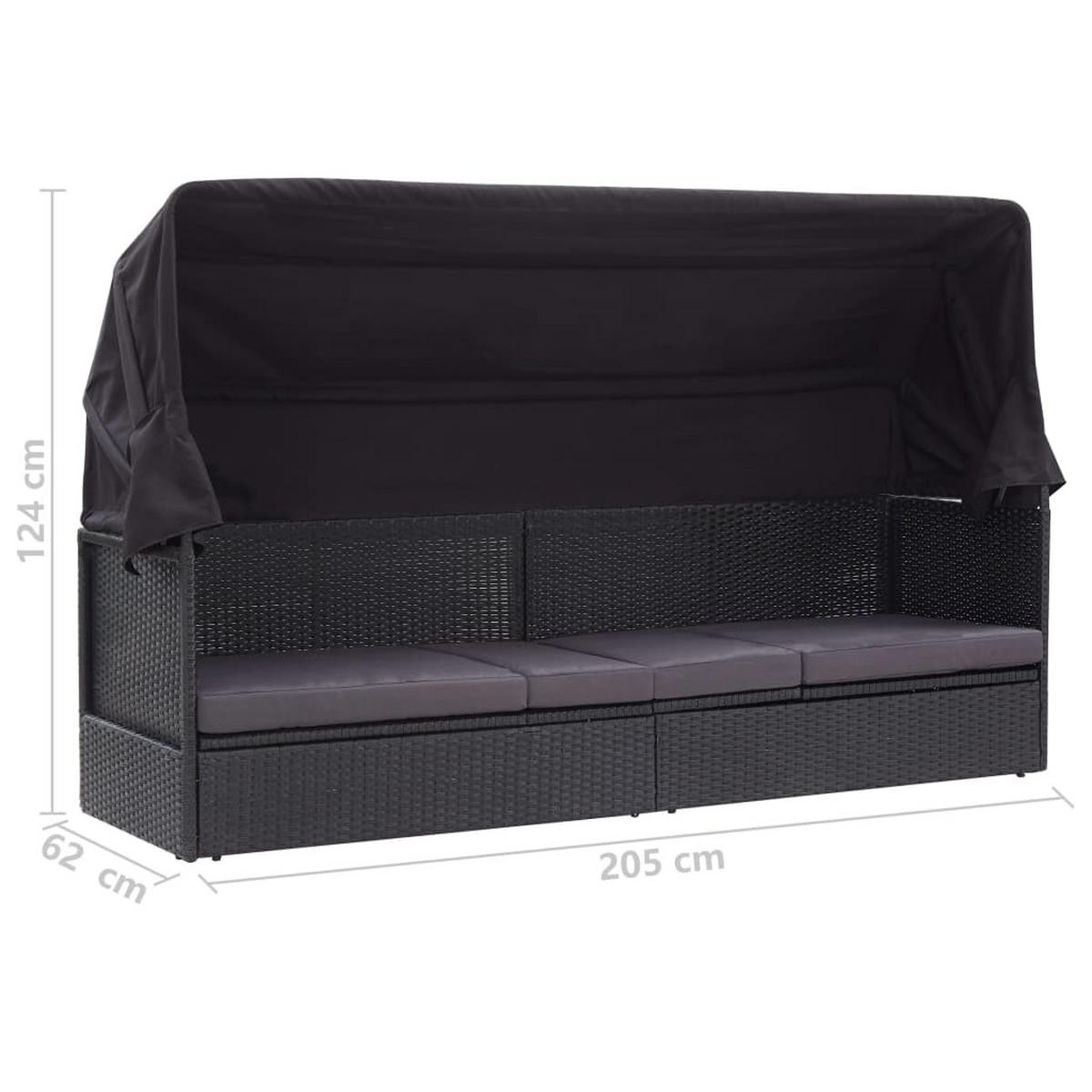 SONNENLIEGE mit Kissen und Baldachin, verstellbar, 205/62/124 cm, aus Poly Rattan, Schwarz - Schwarz, Kunststoff/Textil (205/124/62cm) - vidaXL