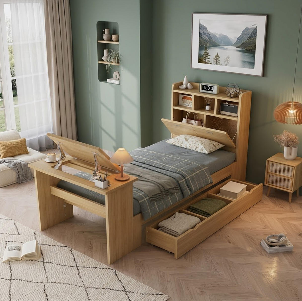 BETT 90x200 cm in Naturholzoptik mit Stauraum und Klapptisch - Naturfarben, Holz (90/200cm) - Flora Grace