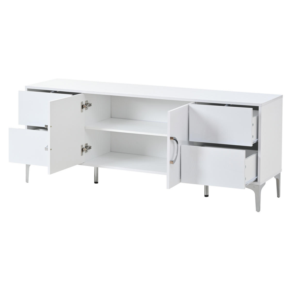 SIDEBOARD aus MDF 150x38x59,5 cm Weiß mit 4 Schubladen, 2 Türen und Hochglanzoberfläche - Weiß, Holzwerkstoff (150/59.5/38cm) - Modfu