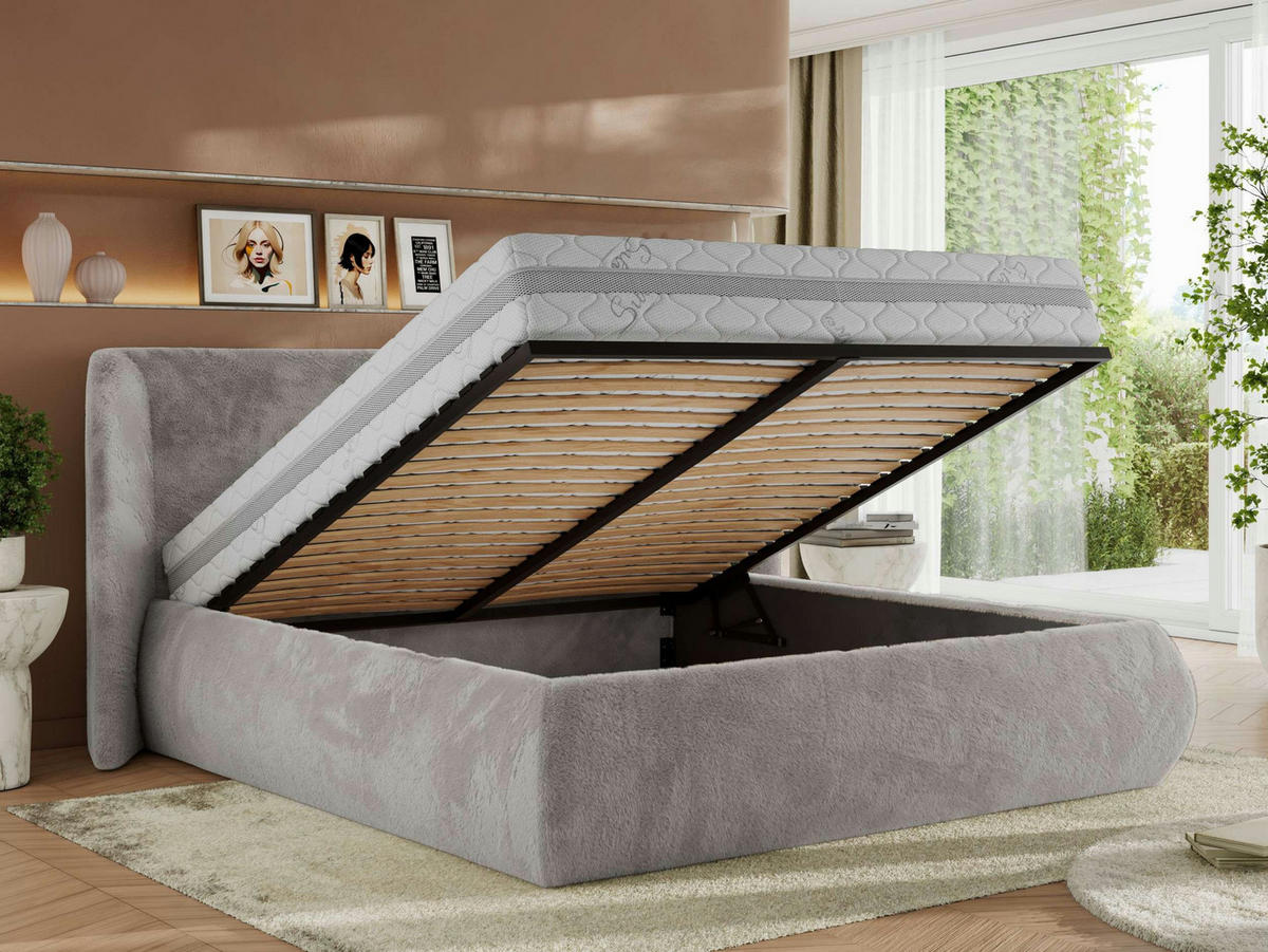 POLSTERBETT CAELA CLASSIC 180/200 - Hellgrau Plüsch - Schaum-Matratze - Hellgrau, Textil (180/200cm) - MKS