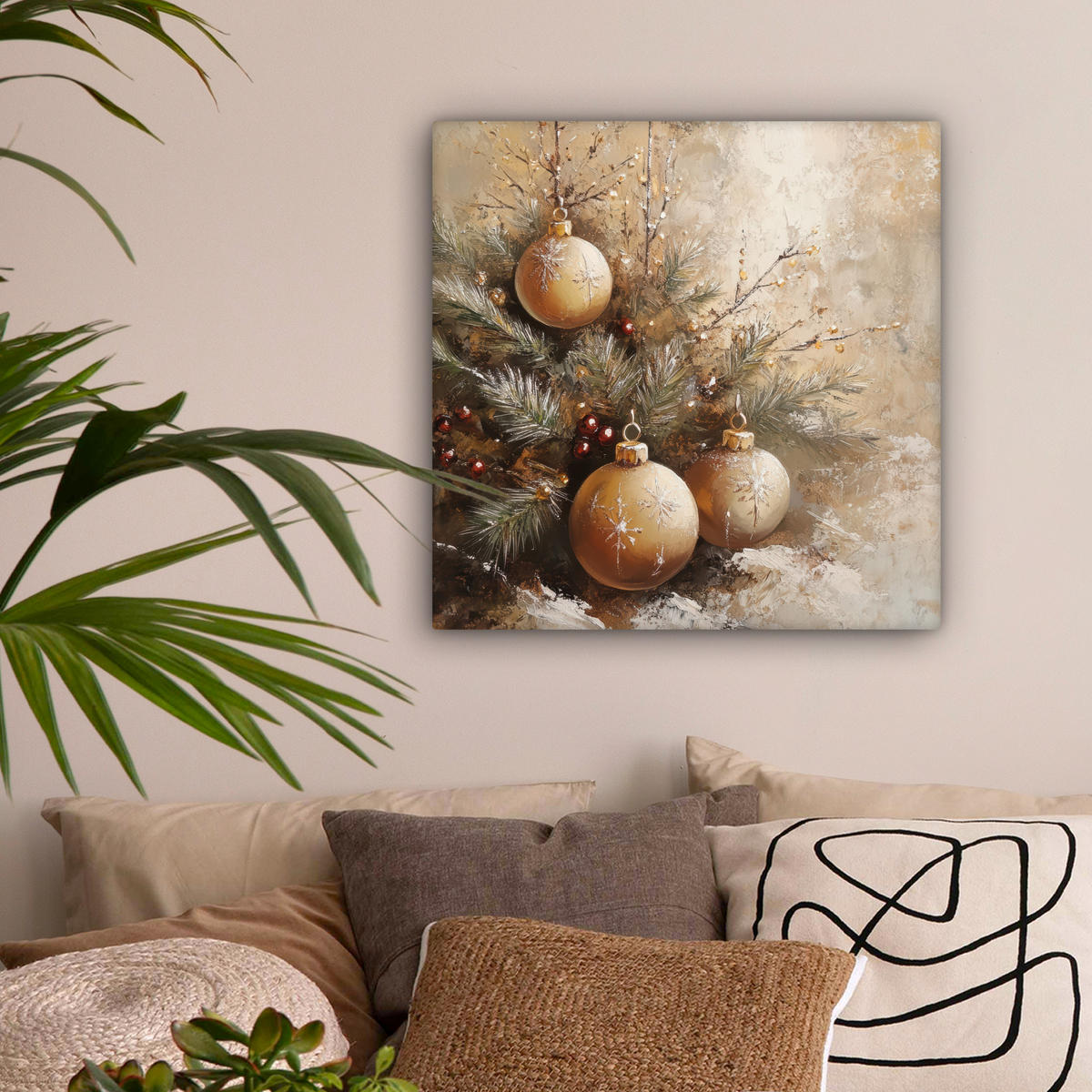 LEINWANDBILD Weihnachten - Kugeln - Beige - Gold Wandbild Wohnzimmer 50x50 cm - Goldfarben, Textil (50/50cm) - MuchoWow