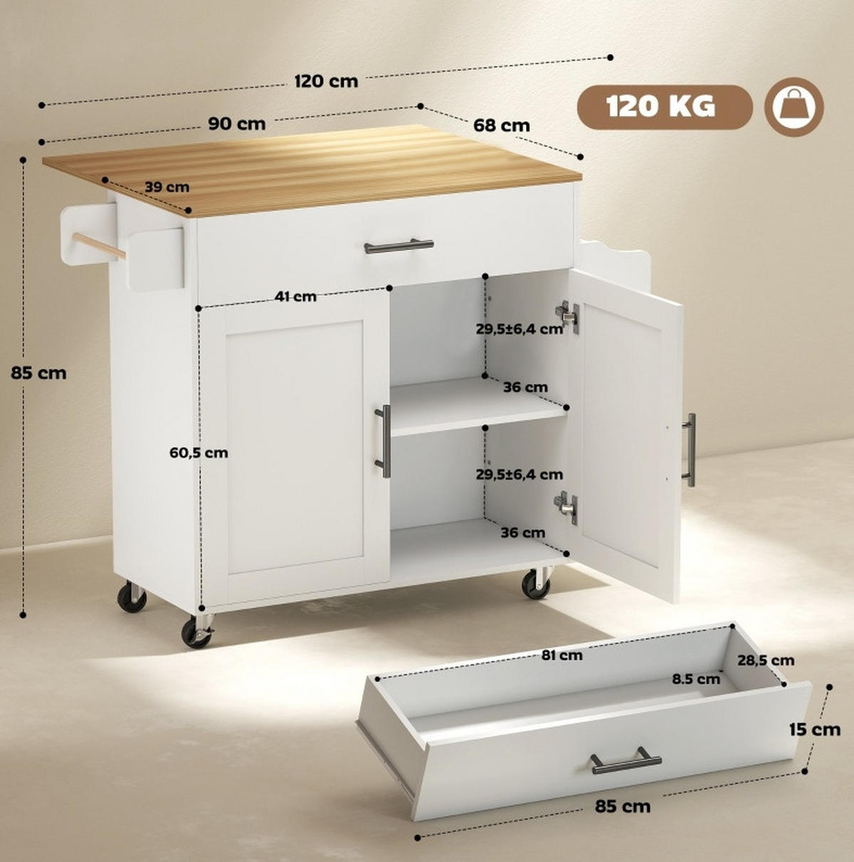 KÜCHENINSEL 120/68/85 cm mit klappbarer Arbeitsplatte, Schublade und Rollen, Holz, Weiß - Weiß, Holz (120/85/68cm) - Redom