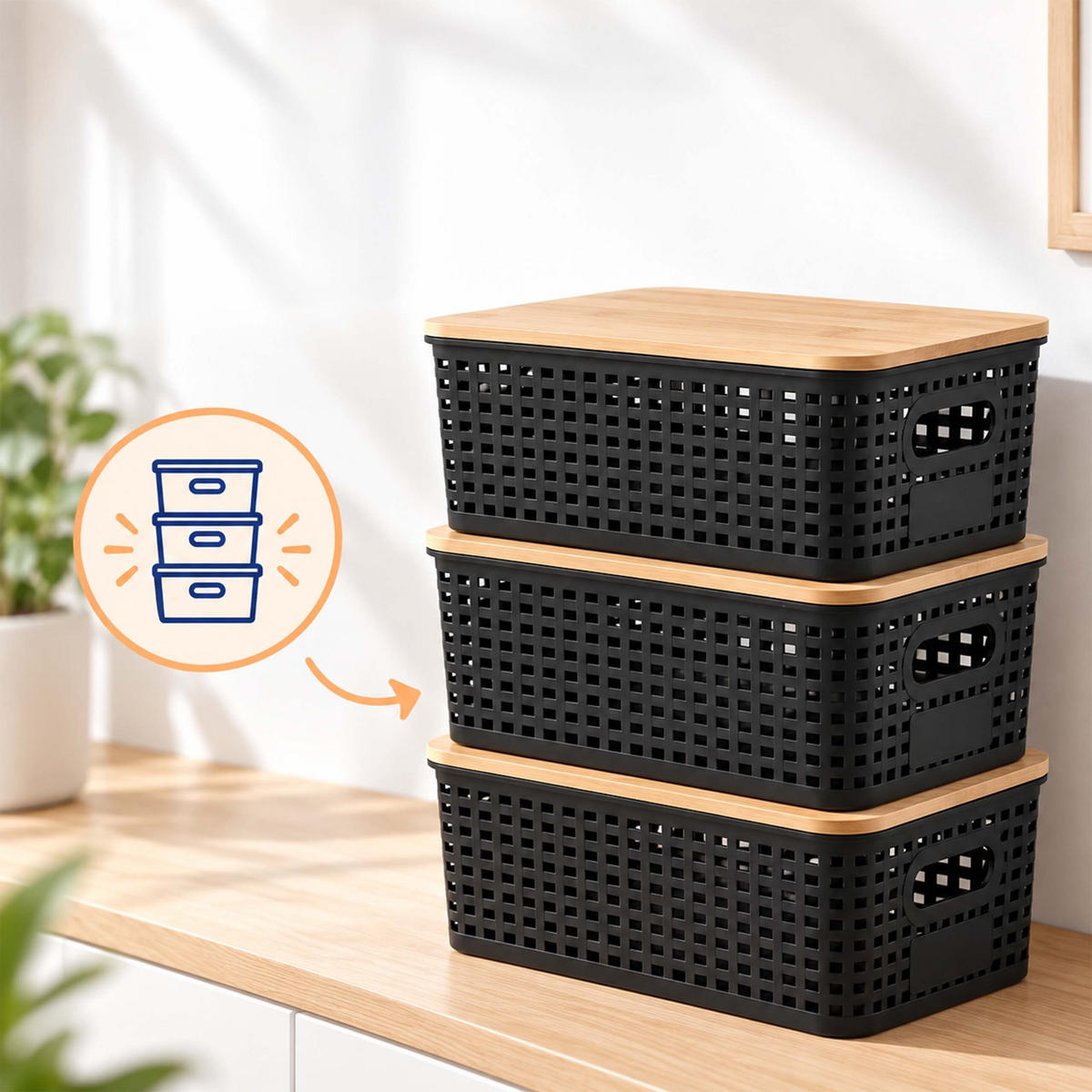 AUFBEWAHRUNGSBOXEN Schwarz 3er-Set Bambusdeckel - Schwarz, Holz/Kunststoff (25.5/11/18.5cm) - Relaxdays
