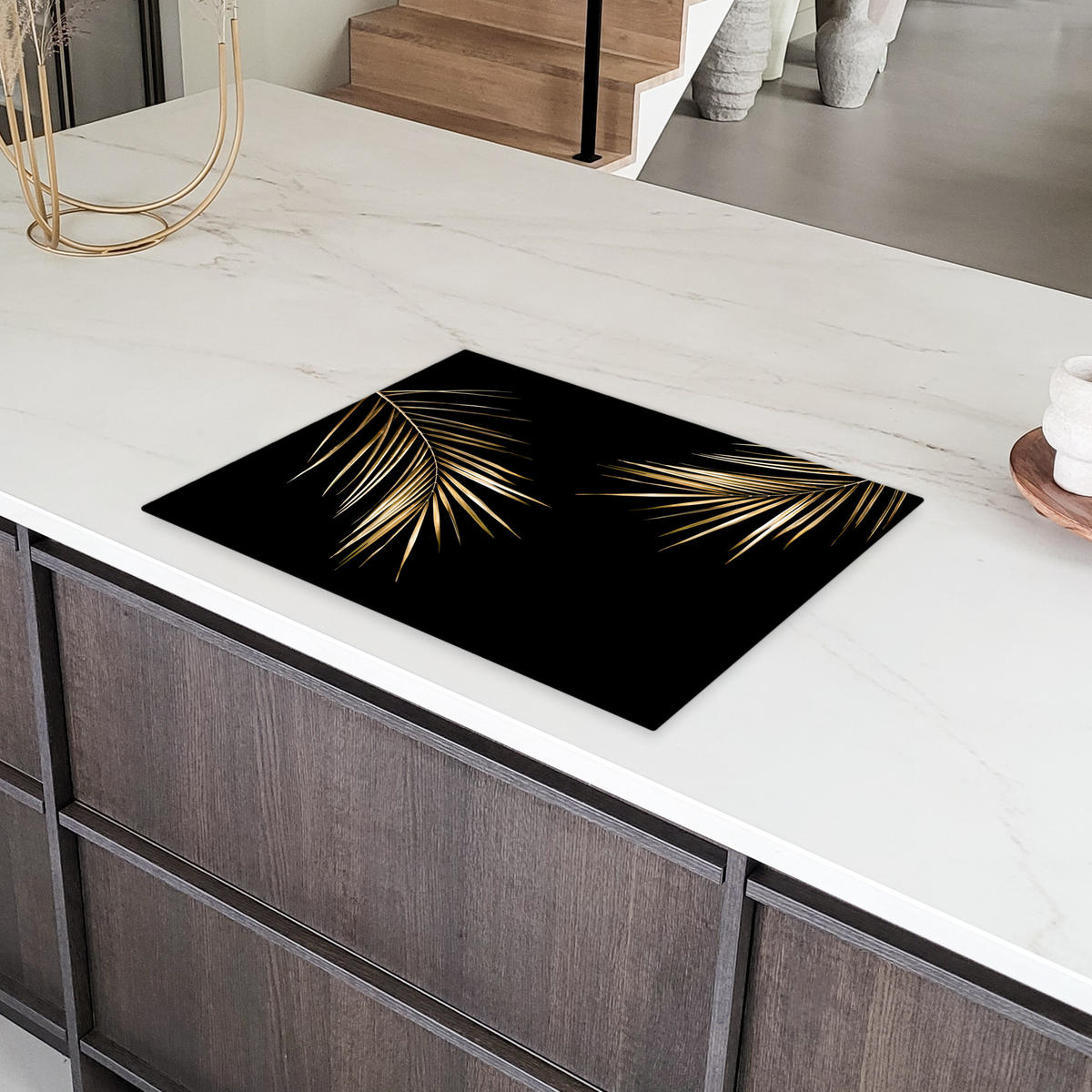 HERDABDECKPLATTE Blätter - Pflanzen - Gold - Schwarz - Luxus Induktionsmatte 71x52 cm - Goldfarben, Kunststoff (71/52/0.2cm) - MuchoWow