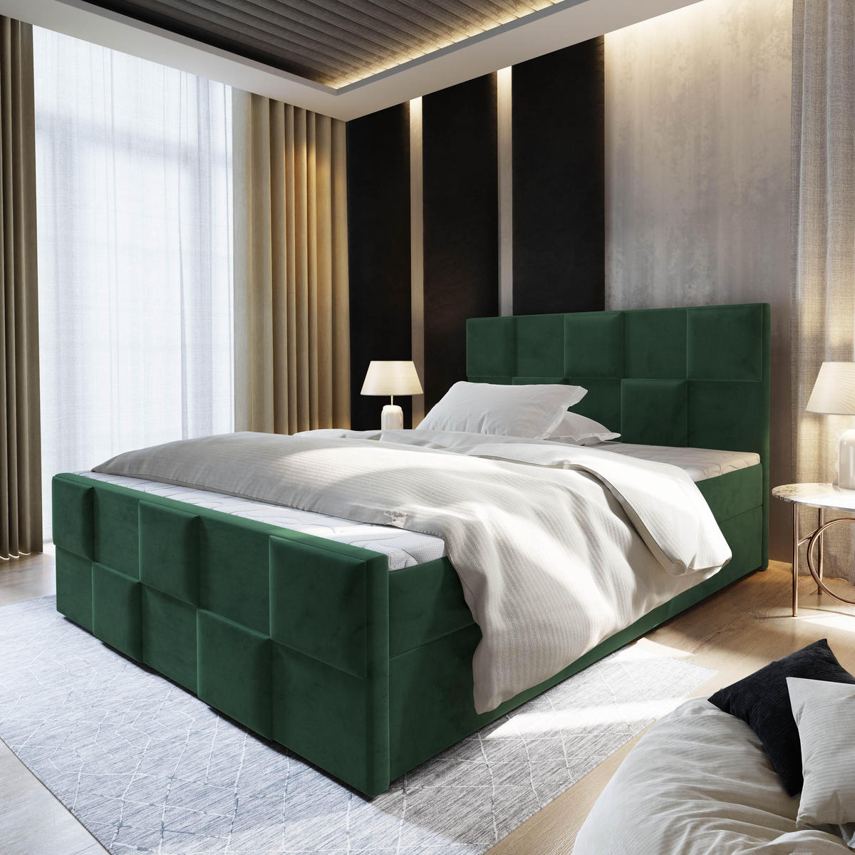 BOXBETT MONA 180x200 cm mit Matratze und Topper - Grün - Grün, Holz (180/200cm) - MASSENO