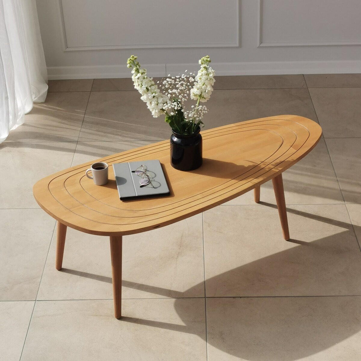 KONFERENČNÍ stolek se zaoblenou deskou, délka 115 cm - SWEET - jabloňová, kompozitní dřevo (115/50/38cm) - Calicosy