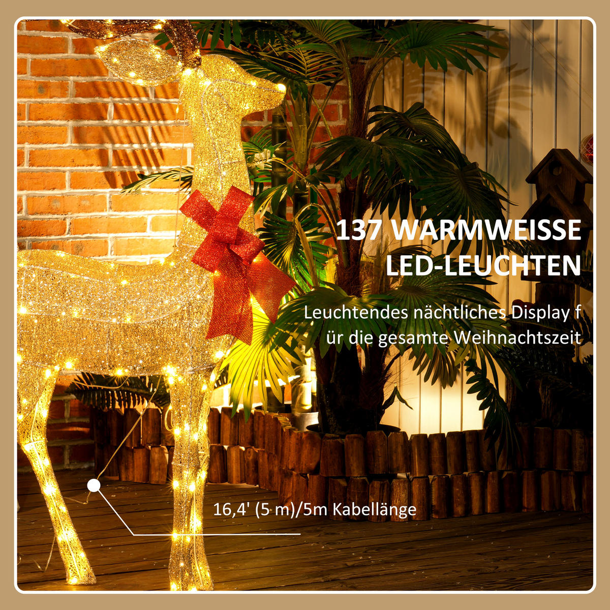 137ER LED Rentier, Weihnachtsdeko in warmweiß, Weihnachtsbeleuchtung - Goldfarben, Kunststoff/Metall (25/135/66cm) - Outsunny