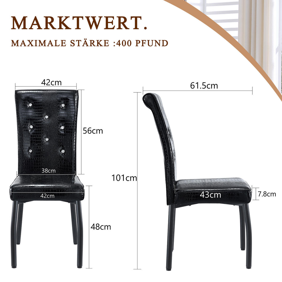 ESSZIMMERSTUHL 2er-Set Vintage PVC Schwarz mit Metallbeinen - Schwarz, Metall (42/101/61.7cm) - Meubliv