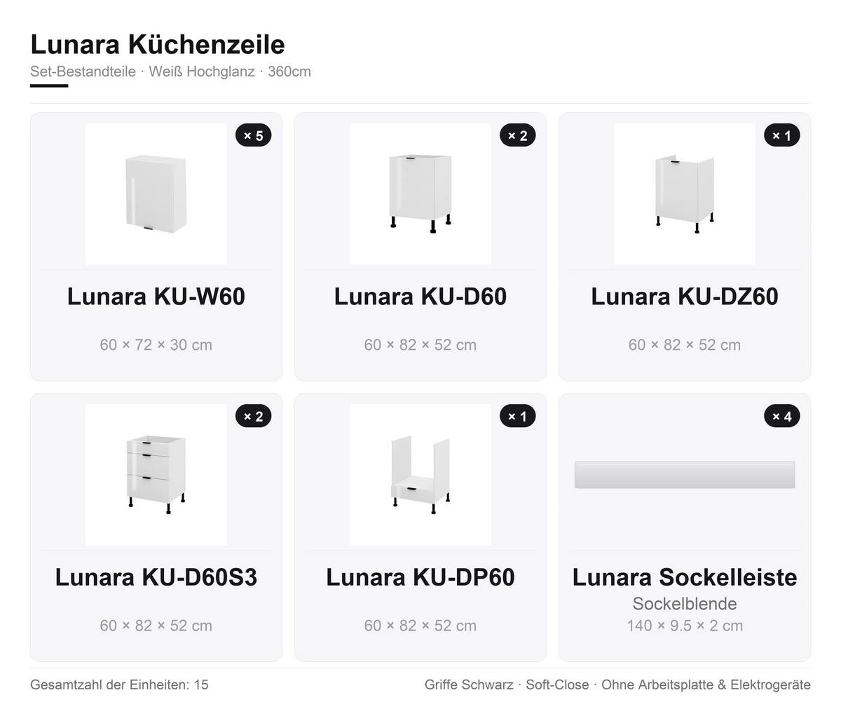 KÜCHENZEILE – 360 cm – KU-SA01 – Lunara – Weiß Hochglanz – ohne E-Geräte - Weiß Hochglanz/Schwarz, Holzwerkstoff/Metall (360/214/52cm) - hi-markt