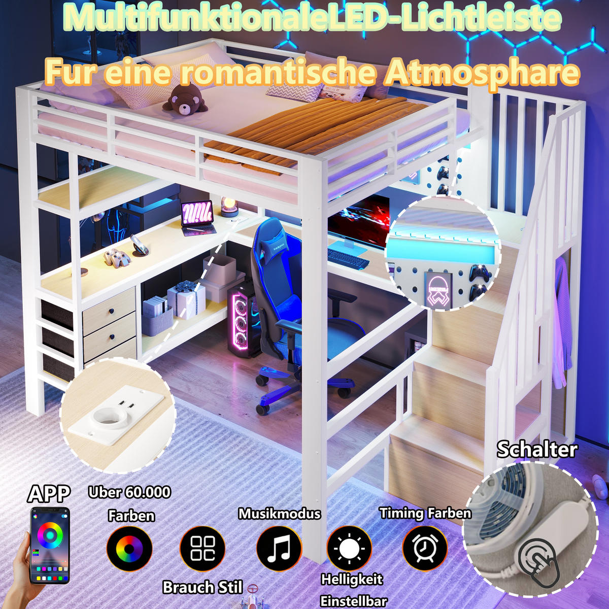 HOCHBETT 140/200 cm in Weiß mit 3 Schubladen, Lochwand, Tisch, Steckdose und LED - Weiß, Holzwerkstoff/Metall (90/200cm) - STILVORA