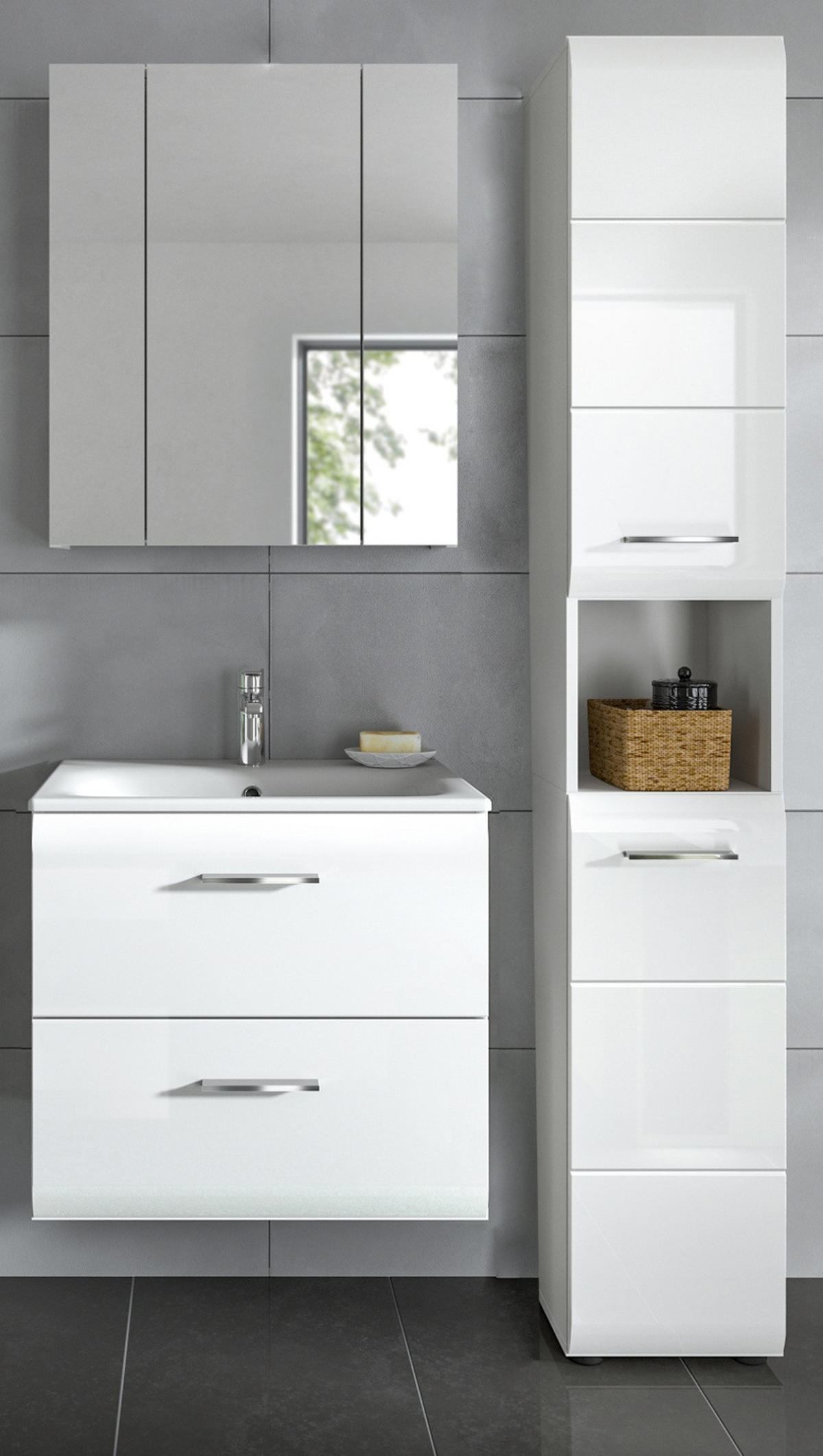 BADMÖBEL SET 3-teilig in weiß Hochglanz inkl. Waschbecken 105 x 185 cm Cover - Weiß Hochglanz/Silberfarben, Holzwerkstoff/Kunststoff (105/185/46cm) - Inn.Furn