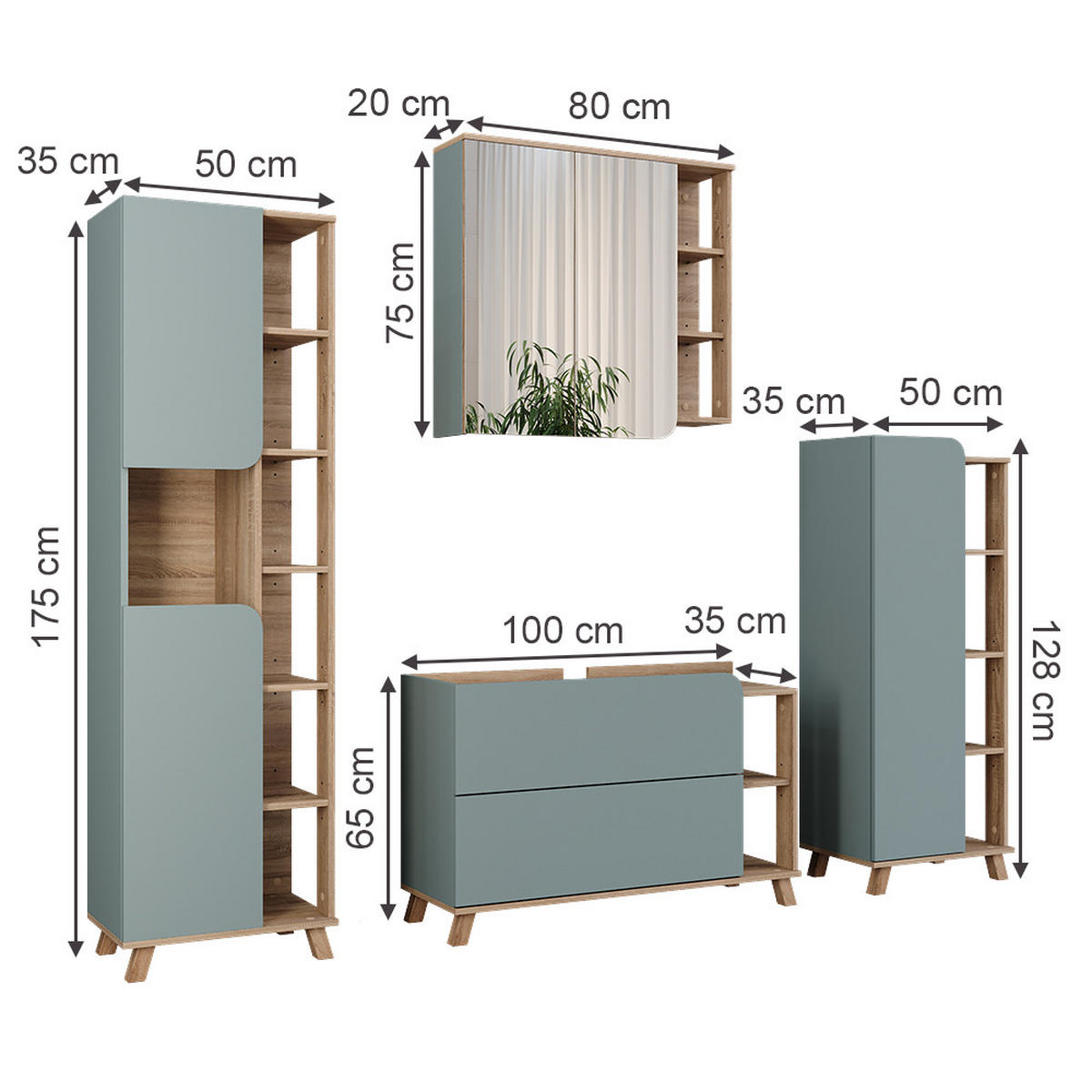 BADMÖBEL-SET Karen Sonoma/Blau 4 Teile - Blau, Holzwerkstoff (100/65/35cm) - Vicco