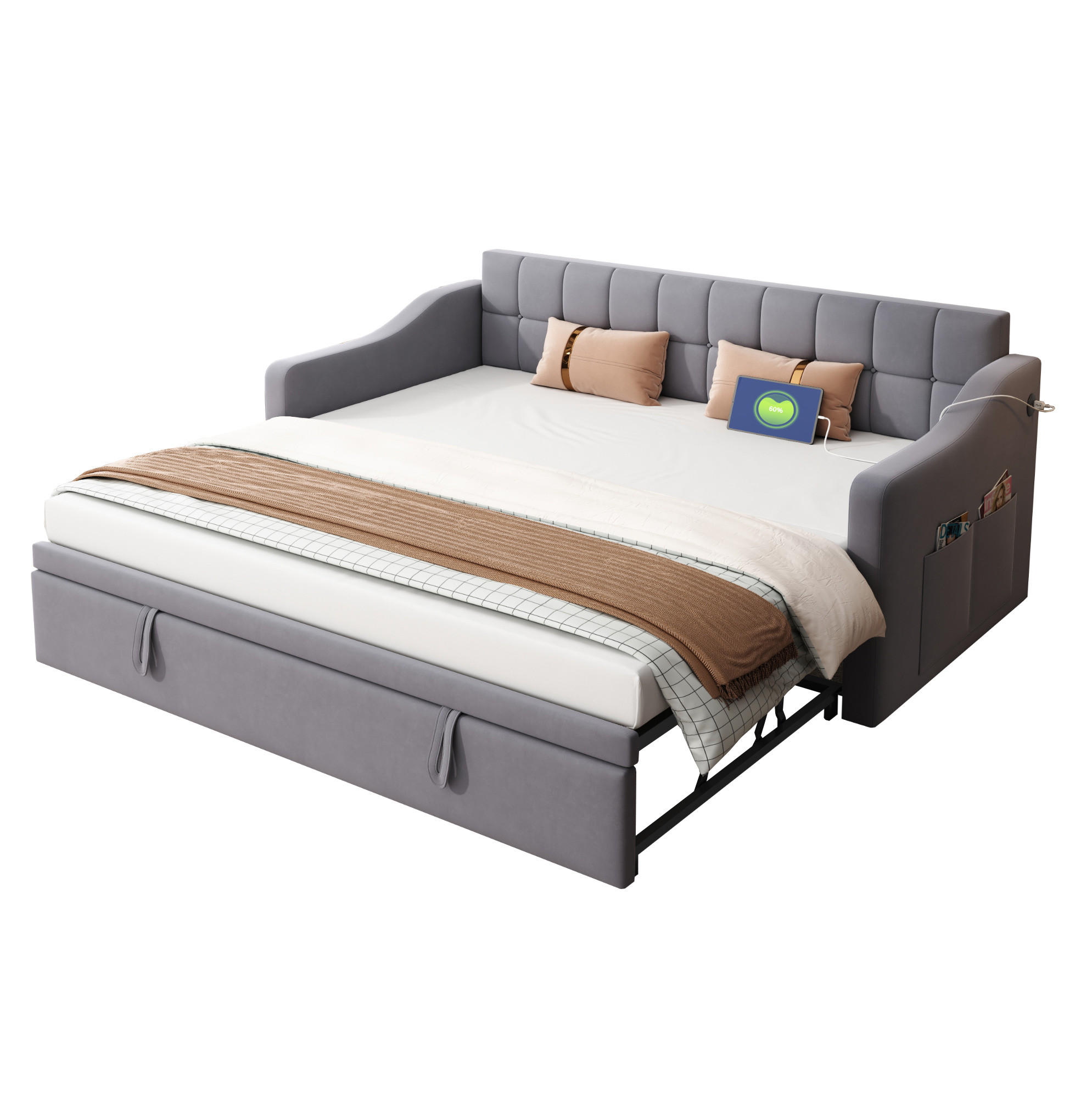 Modfu ČALOUNĚNÁ postel ze sametu 90x190 cm šedá s výsuvným lůžkem, USB porty a úložným prostorem