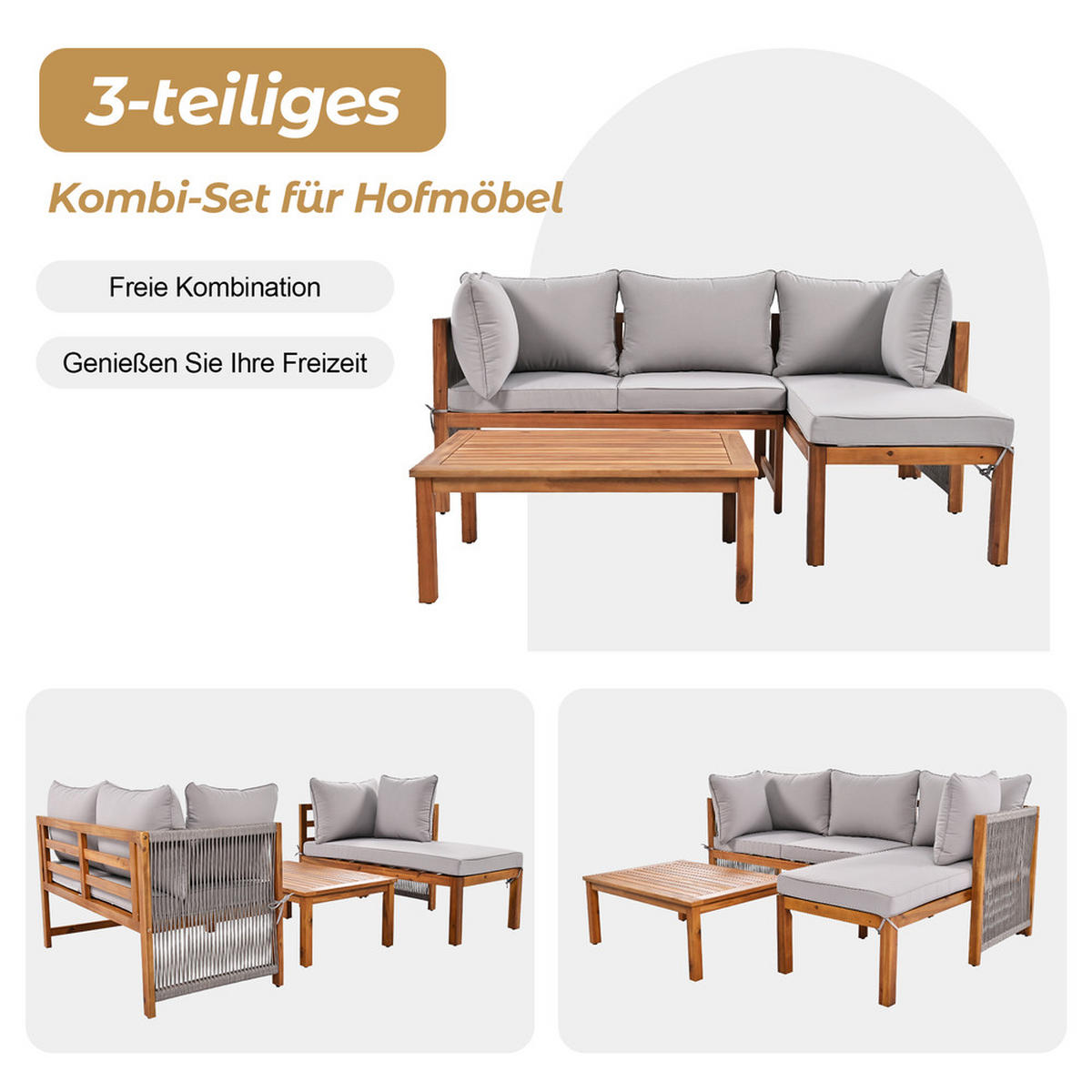 LOUNGEGARNITUR 3-teiliges Set Gartenlounge L-FÖRMIGES ECKSOFA Akazienholz Seiloptik Grau 83/58/34 cm - Grau, Holz - Rolipo