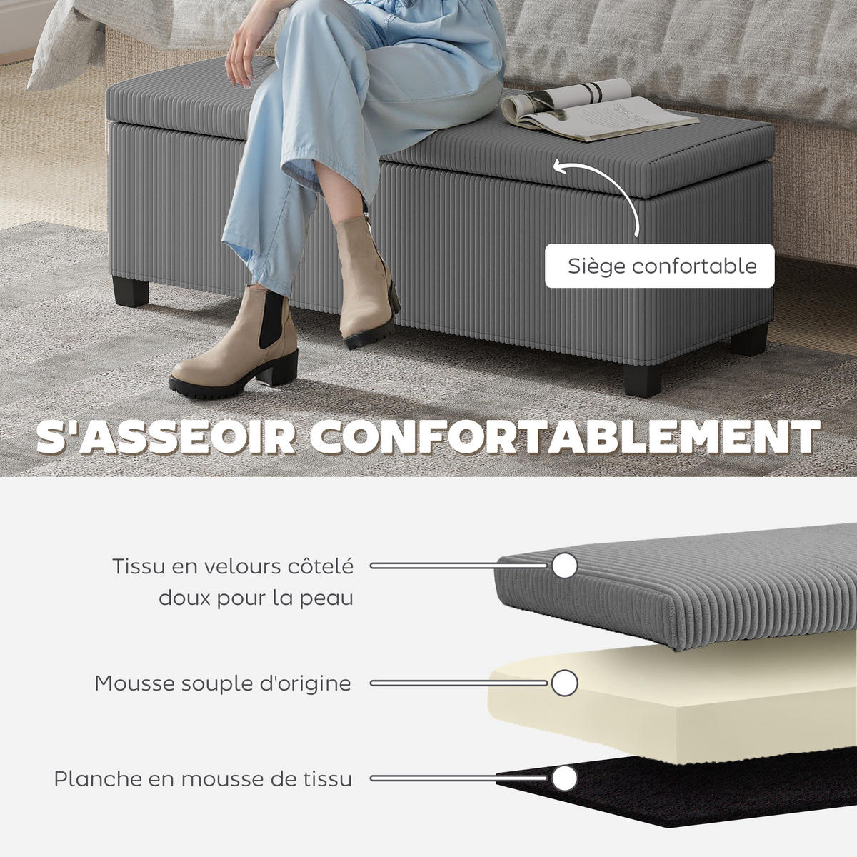 TRUHENBANK DE-16451 mit Stauraum und Cordbezug Grau - Grau, Textil (112/40/42cm) - ComfortXL