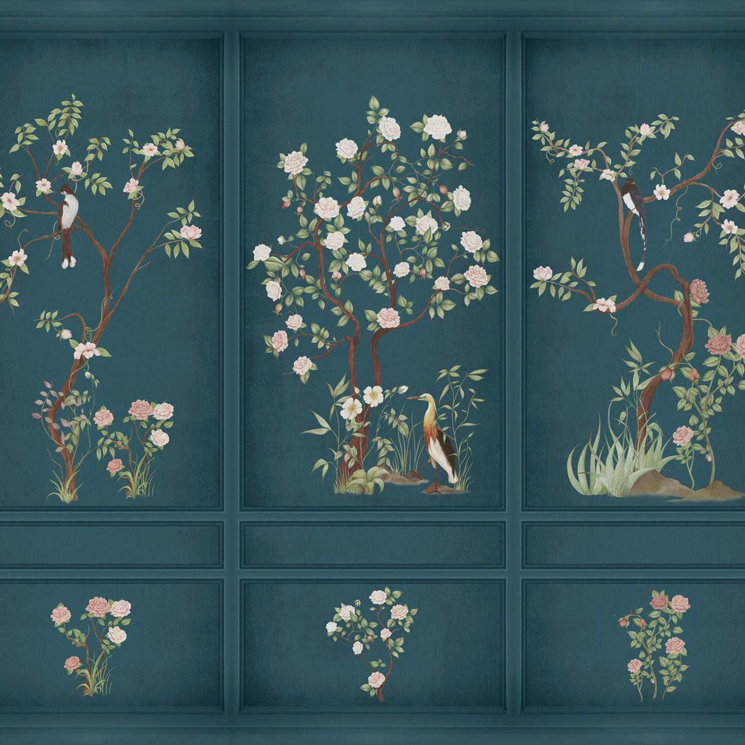 FOTOTAPETE Blumen und Vögel 318 x 280 cm - Blau, Papier (318/280cm) - Sanders & Sanders
