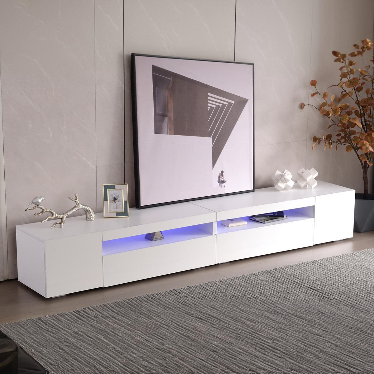 LOWBOARD in Weiß mit hellem Panel und LED-Beleuchtung für Wohnzimmer, B240/T38.5/H35.5 cm - Weiß, Holzwerkstoff/Metall (240/35/39cm) - STILVORA