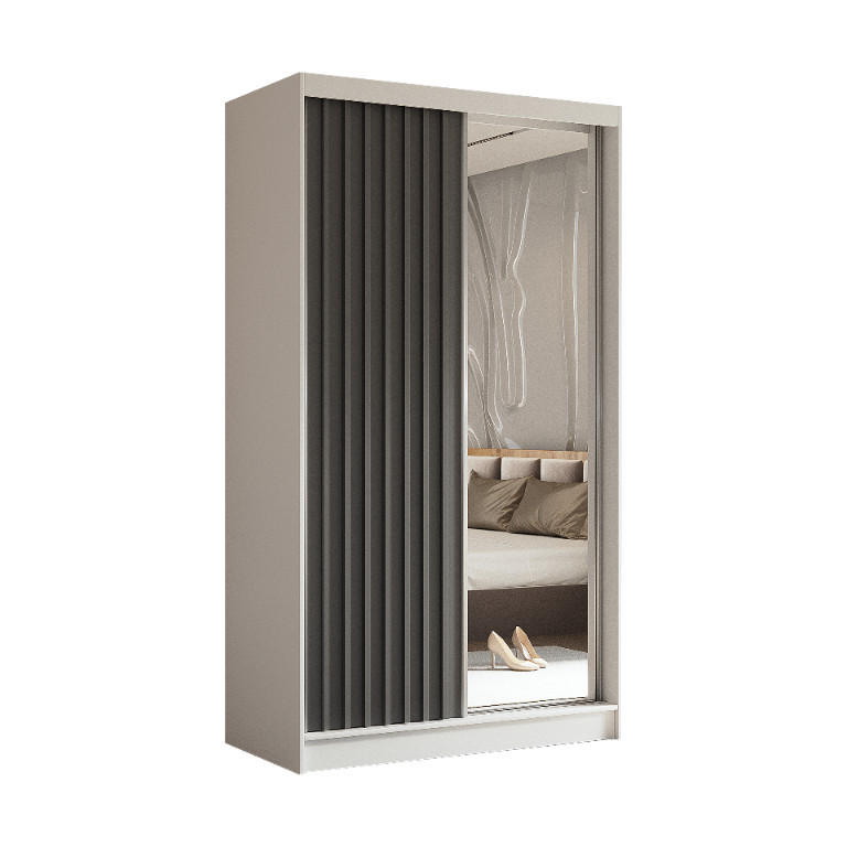 SCHWEBETÜRENSCHRANK Erika 120 cm mit Lamellen und Spiegel 2-türig, weiß, grau, Lamelle grau - Weiß/Grau, Kunststoff (120/216/51cm) - Margaret Hadas24