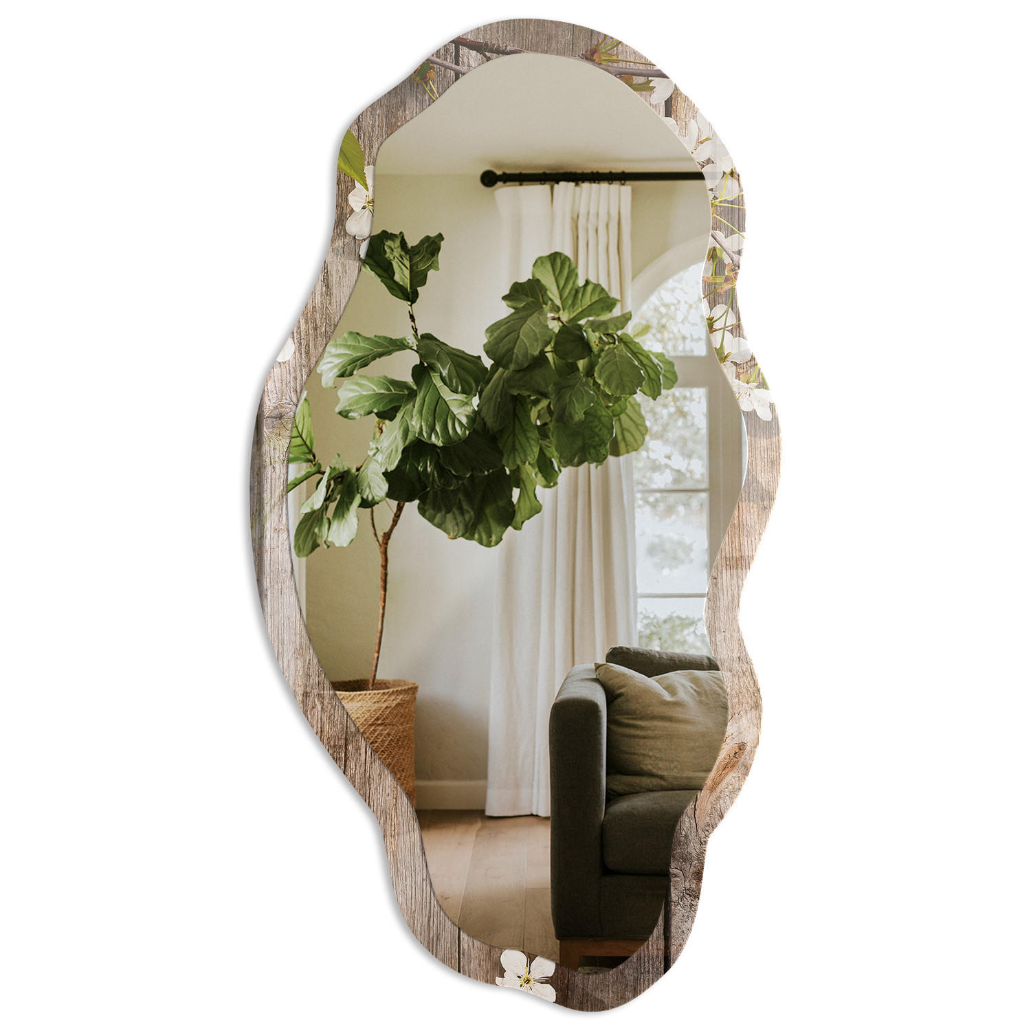 SPIEGEL 90x45 cm asymmetrisch mit Druck - Holzblumen - Transparent, Glas (45/90/0.4cm) - TULUP