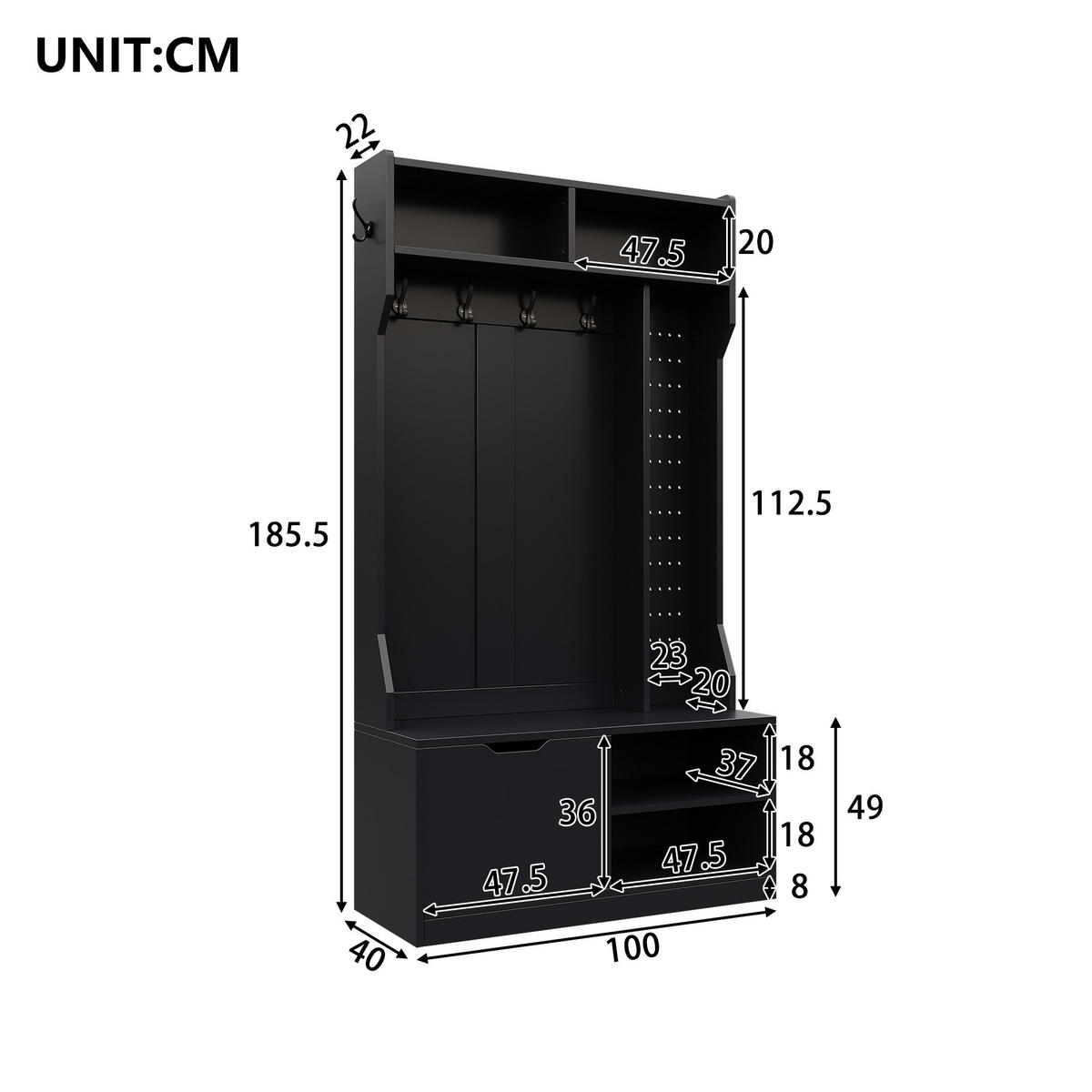 GARDEROBENSET Flurgarderobe mit Sitzbank 6 Haken Schwarz 100x40x185.5cm - Schwarz, Holzwerkstoff (185.4/40/100cm) - FLIEKS