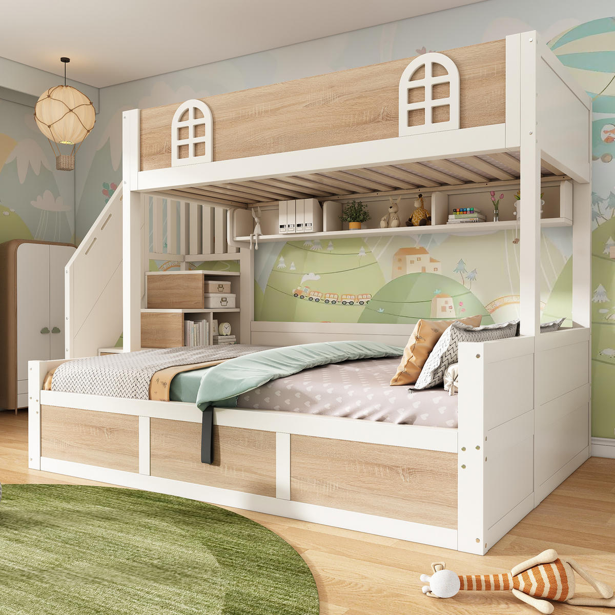 ETAGENBETT 90/200 cm & 140/200 cm in Weiß & Natur mit Stauraum, Regal und 4 Stufen - Weiß/Naturfarben, Holz/Holzwerkstoff (140/200cm) - WISHDOR