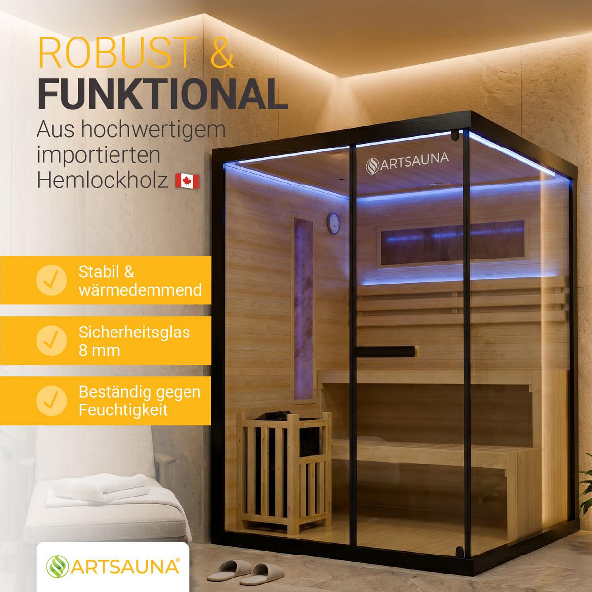 SAUNA Vantaa 150 x 140 cm mit 4,5 kW Saunaofen - Schwarz, Holz (140/200/150cm) - Artsauna