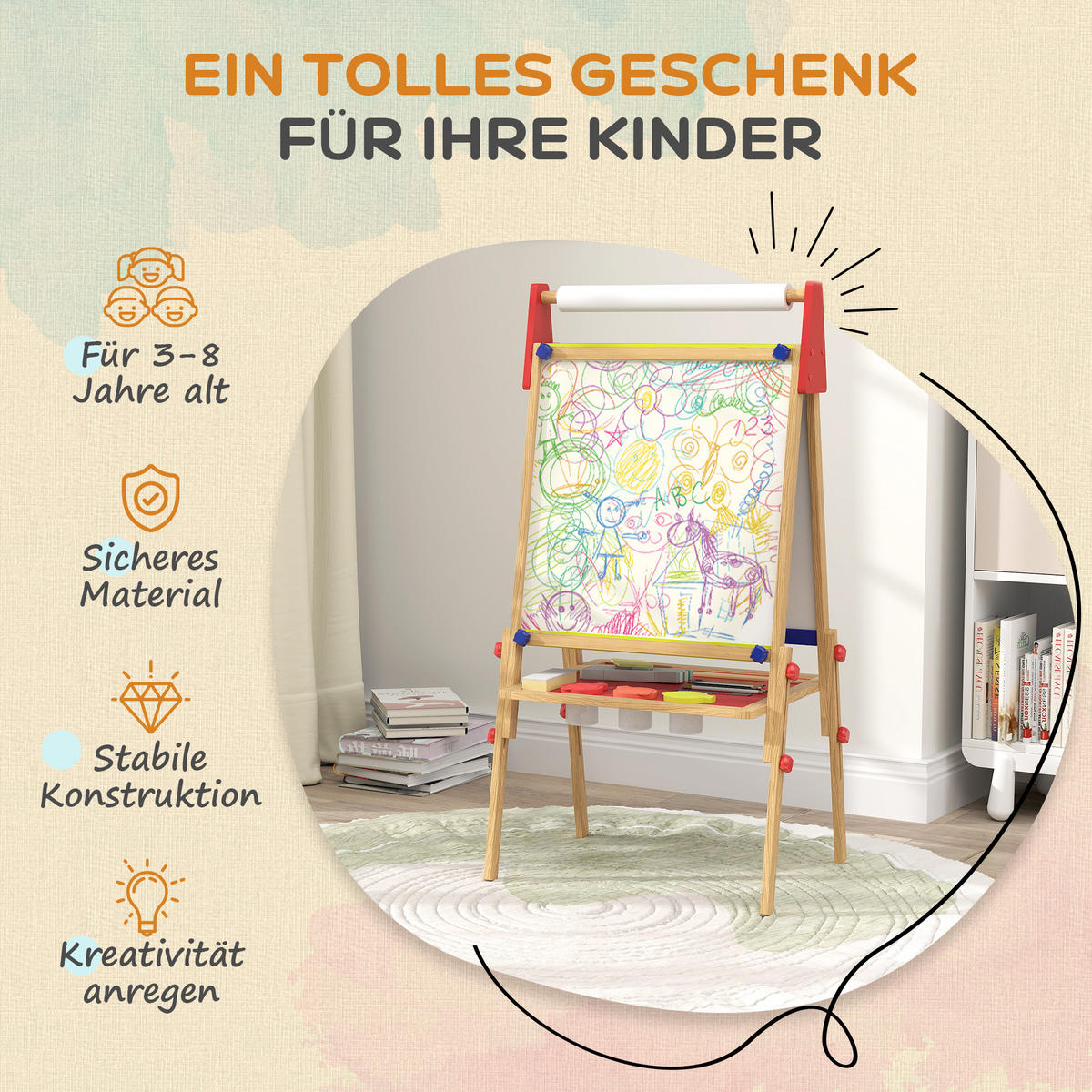 3-IN-1 Kindertafel höhenverstellbar, doppelseitige Kinder Staffelei mit Ablage - Naturfarben, Holzwerkstoff (47/113/61cm) - AIYAPLAY