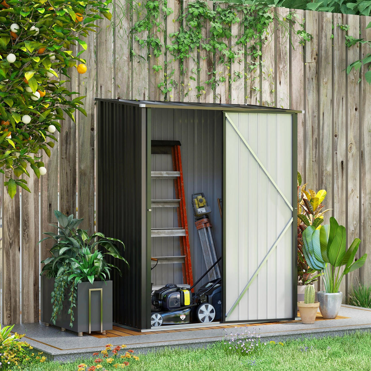GARTENKOMMODE 161,5/196/94,5 cm Schwarz aus Stahl mit abschließbarer Tür - Schwarz, Metall (94.5/196/161.5cm) - OKMYHOME