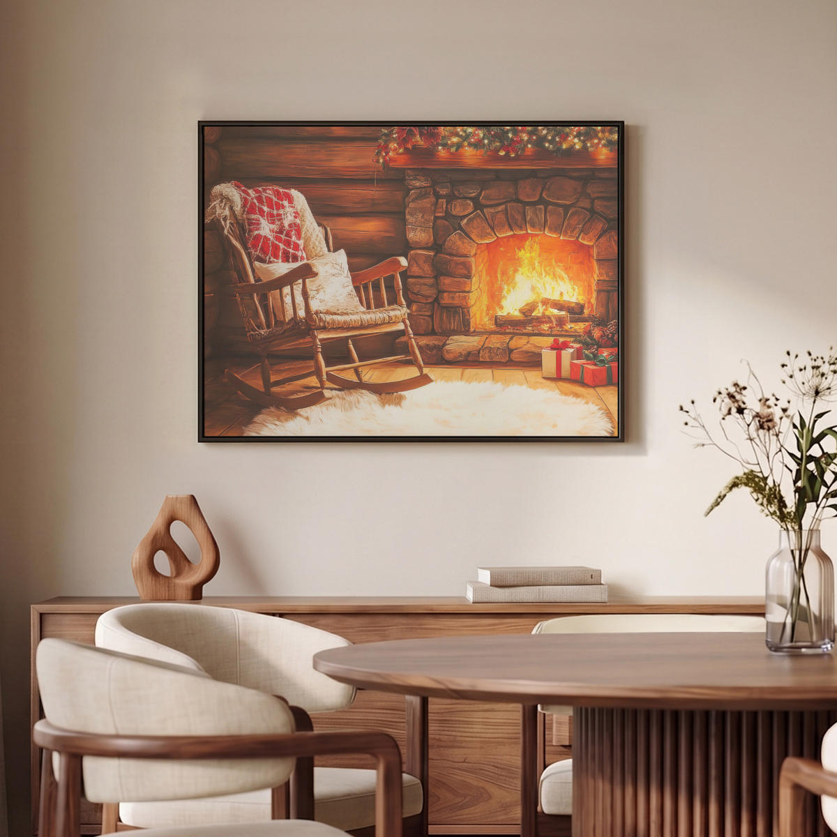 LEINWAND Bilder mit Rahmen - Winter - Weihnachten - Zuhause - Kamin - 70x50 - Bernsteinfarben, Textil (70/50cm) - MuchoWow