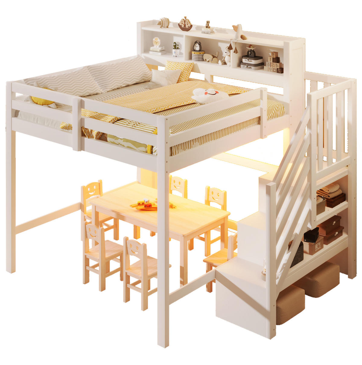HOCHBETT 140/200 cm mit LED-Beleuchtung, Stauraumtreppe und offenem Staufach, Weiß - Weiß, Holz (140/200cm) - Redom