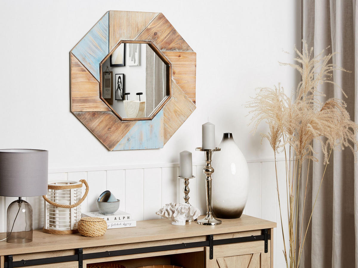WANDSPIEGEL Holz bunt achteckig 77/77 cm Mirio - Hellbraun/Dunkelbraun, Holz (77/77/3cm) - Beliani