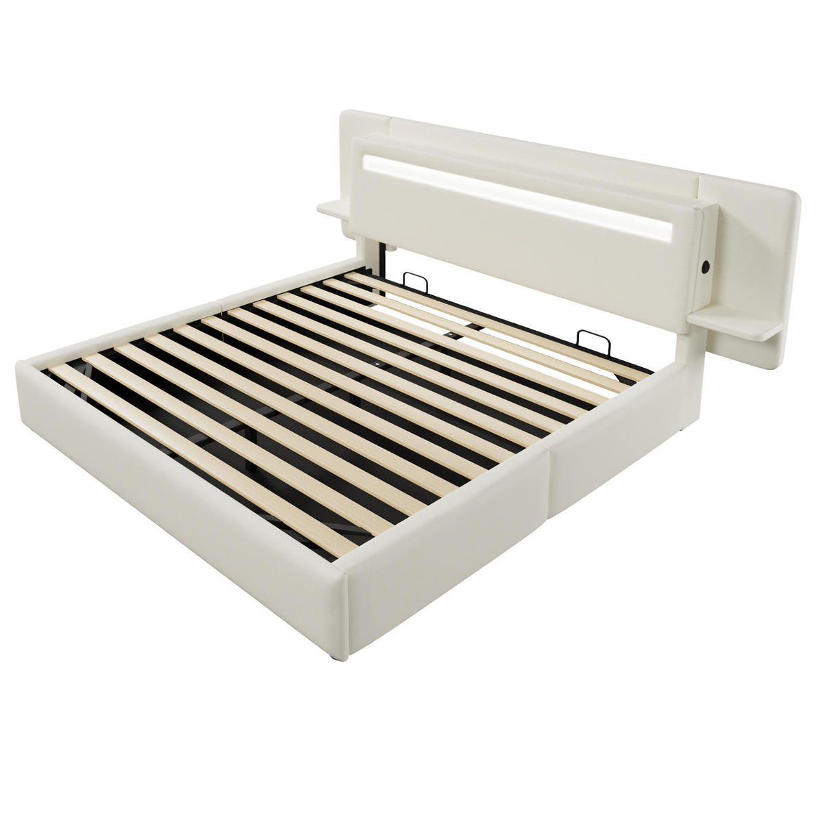 POLSTERBETT aus MDF und Leinen 180x200 cm Beige mit Bettkasten, LED-Beleuchtung, Nachttisch und USB-Anschluss - Beige, Textil (180/200cm) - Modfu