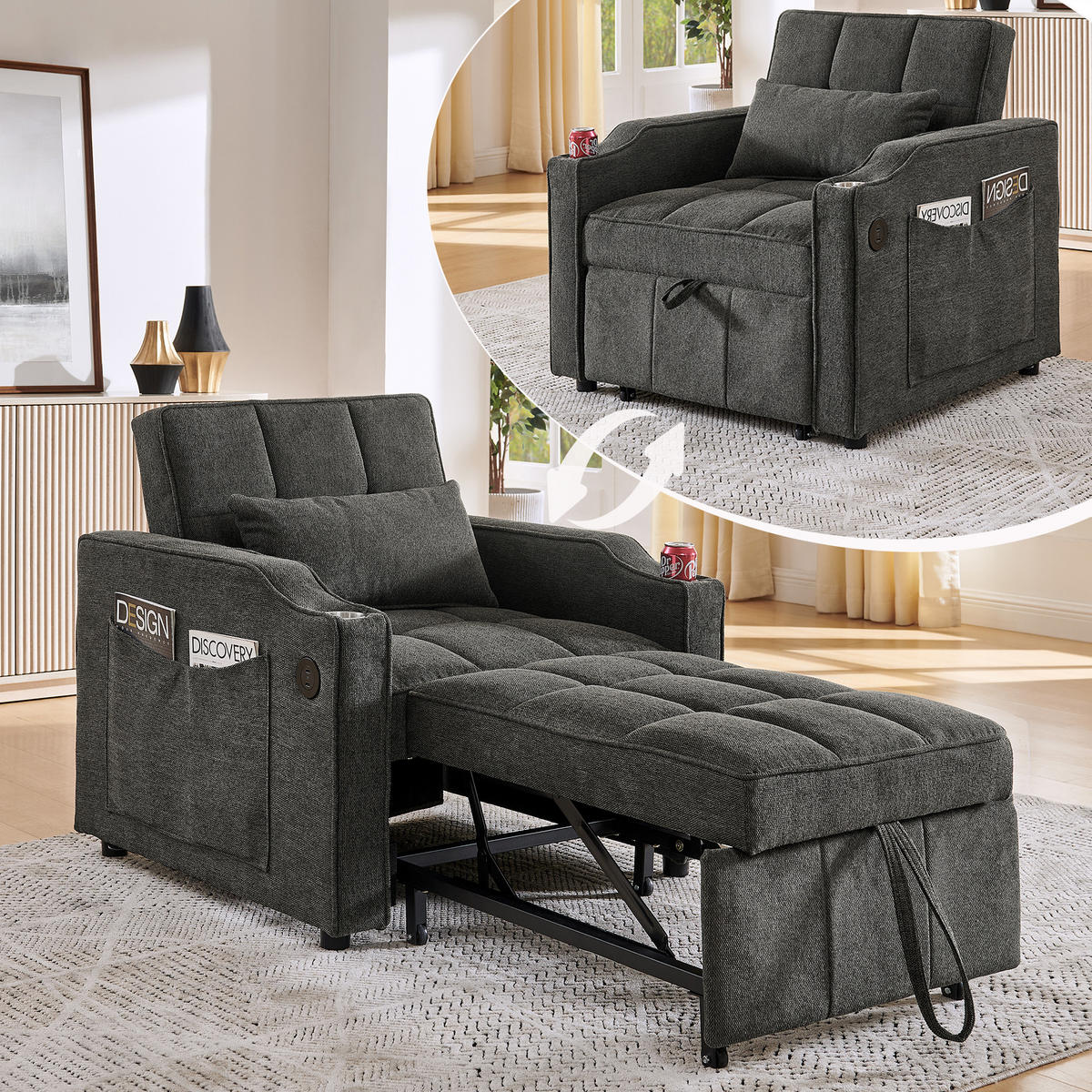 RELAXSESSEL 190/85/86 cm Dunkelgrau mit USB-/Typ-C-Anschluss und Seitentasche - Dunkelgrau, Textil (190/86/85cm) - Oxeza