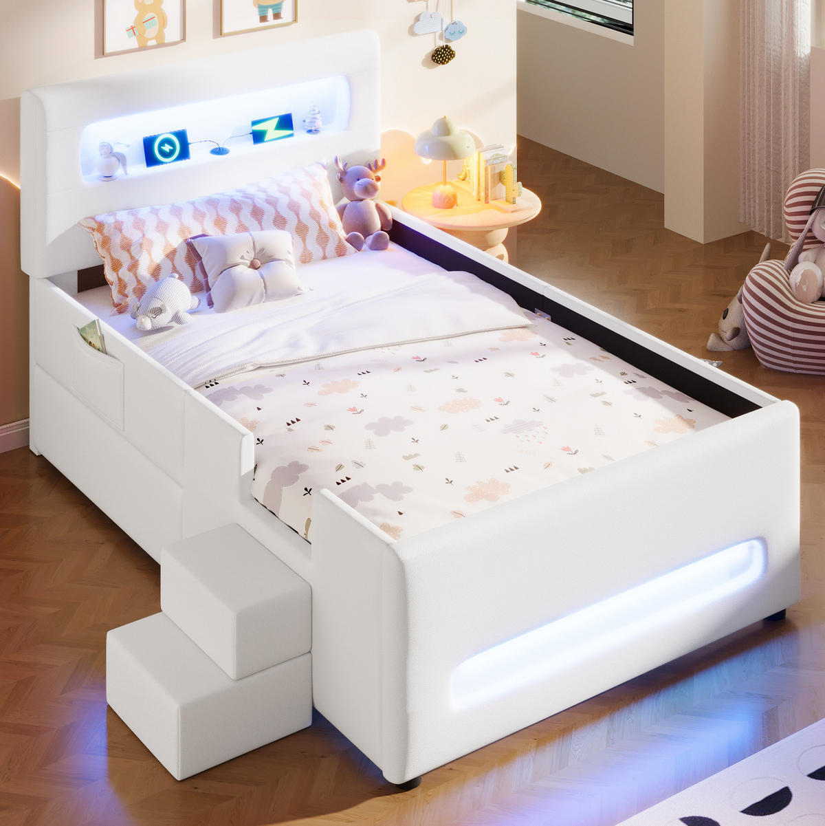 POLSTERBETT 90/200 cm weiß aus MDF und PU mit LED und Schublade - Weiß, Holzwerkstoff (90/200cm) - OKWISH