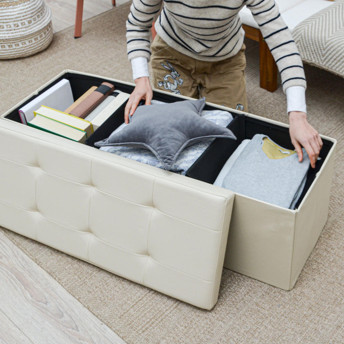 SITZBANK mit Stauraum, 110 cm, 120 Liter, Beige - Beige, Kunststoff (38/38/110cm) - Dunedesign