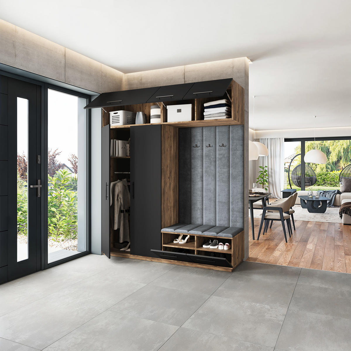 GARDEROBENSCHRANK REMA 200/240/60 cm Modern Garderobe-Set Eiche Lefkas - Eichefarben/Schwarz, Holzwerkstoff (200/240/60cm) - MASSENO