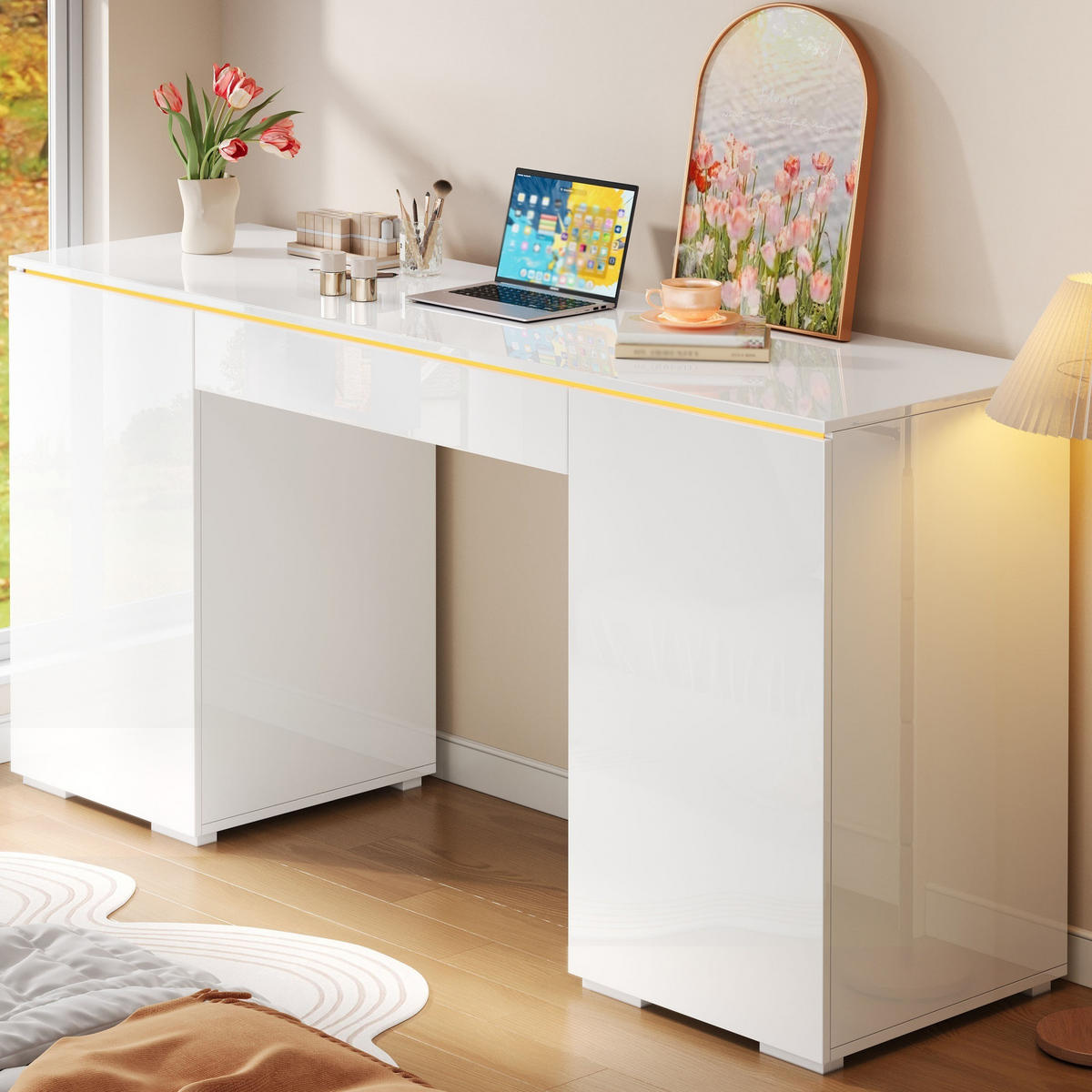 SCHREIBTISCH Hochglanz LED 1 Schublade 2 Türen Weiß - Weiß, Holzwerkstoff (50/140/78cm) - FLIEKS