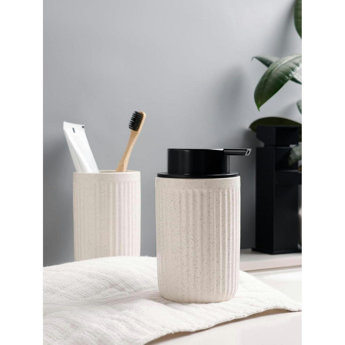 SEIFENSPENDER mit Zahnbürstenhalter Keramik Beige 350ml - Beige, Keramik (8/14/8cm)