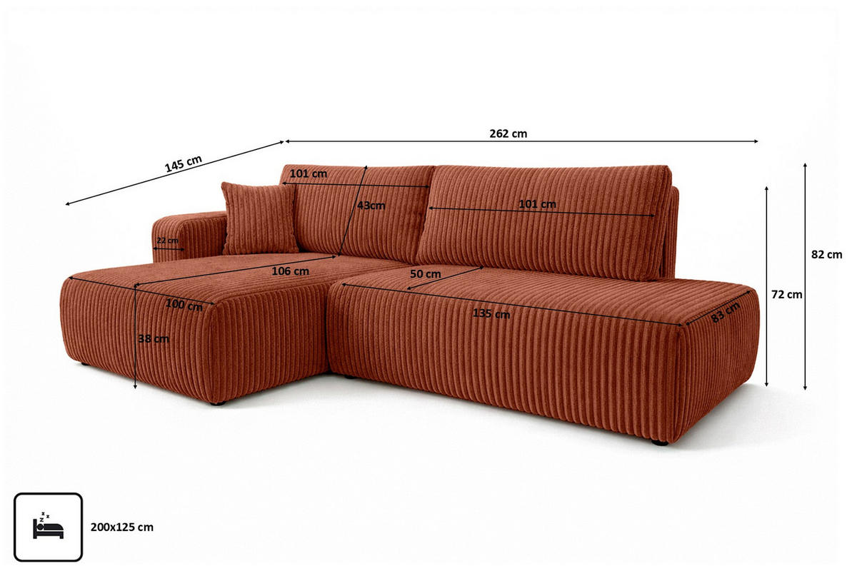 ECKSOFA Mit Schlaffunktion Und Bettkasten, Cordstoff Tilia, Kupfer, Links, OPEN XL - Orange, Holz (262/145cm) - Kaiser Möbel