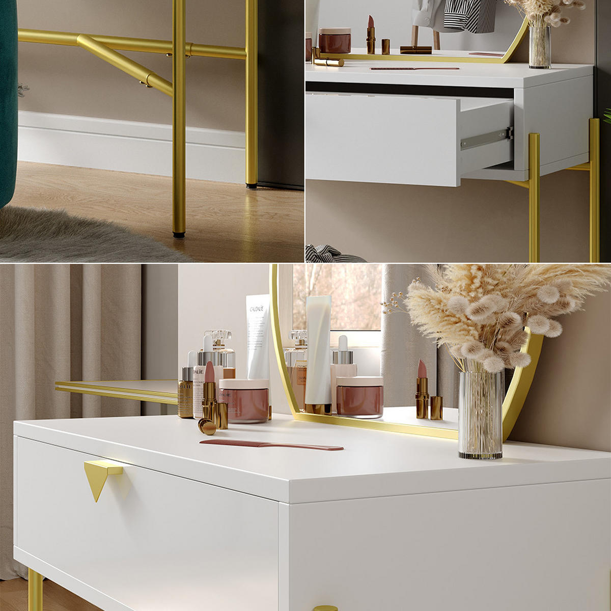 FRISIERTISCH MIT SPIEGEL Melissa Weiß 84.4 cm mit Schublade - Goldfarben/Weiß, Holzwerkstoff (84.4/130/40cm) - Vicco